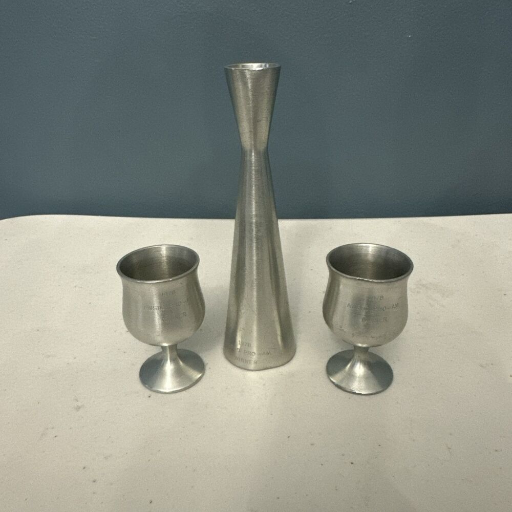 Vintage 2 Pewter Goblets And 1 Pewter Vase Penang Malaysia Engraved AWSDO PRO-AM